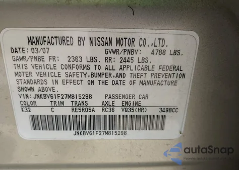 2007 Infiniti G35X из США, поврежденный, VIN JNKBV61F27M815298